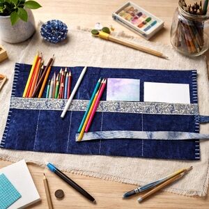 Hand-Dyed Indigo Batik Pencil Roll – One-of-a-Kind Artist Brush Organizer BA23